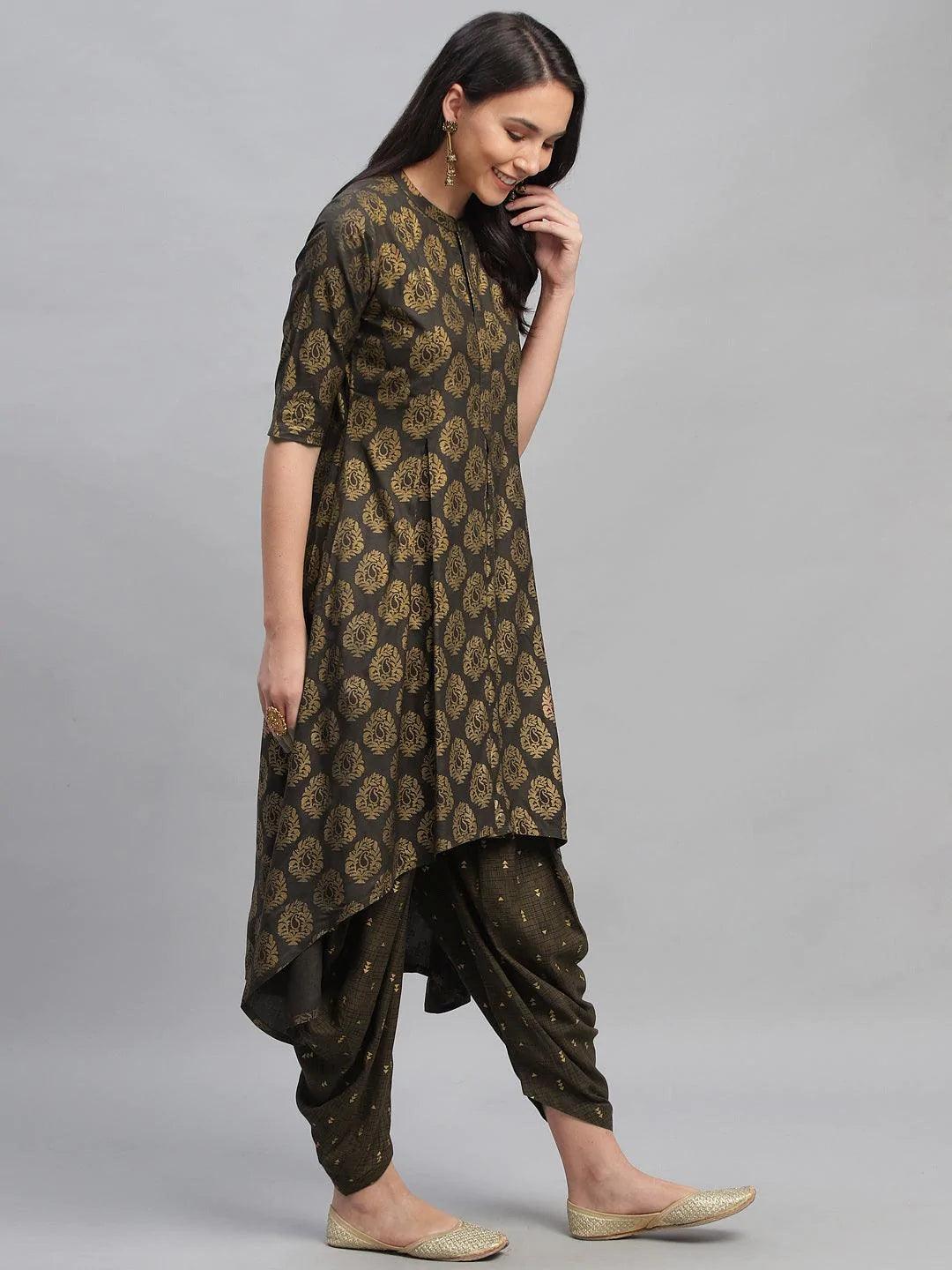 Grey Printed Cotton Kurta Set