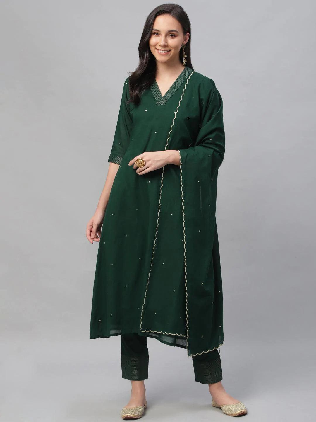 Green Embroidered Cotton Suit Set