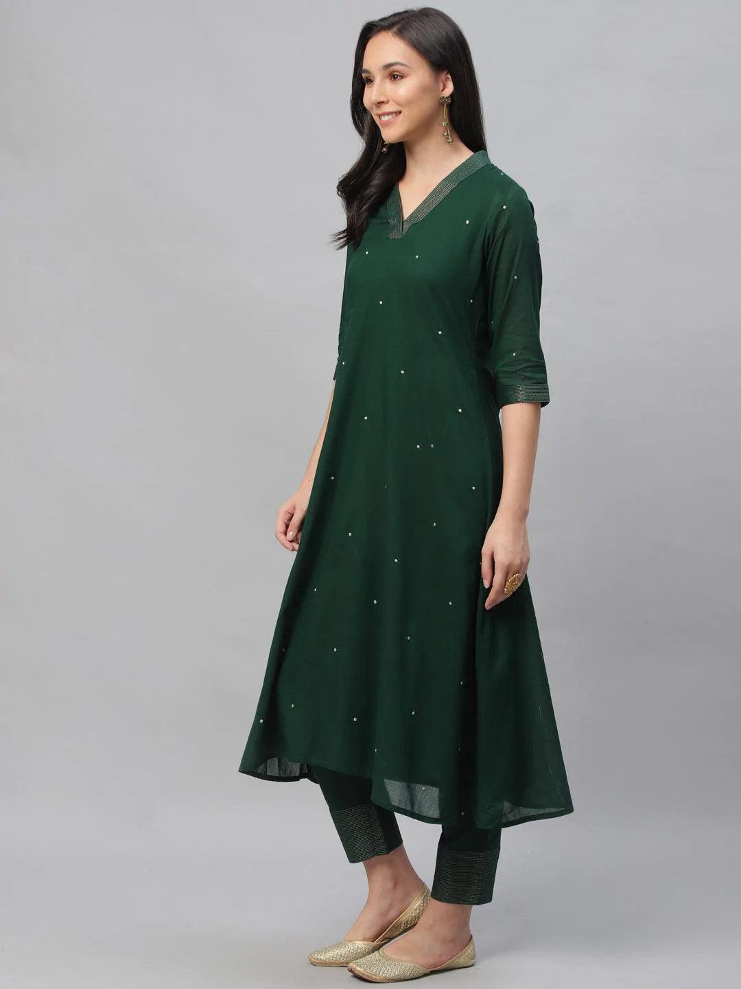 Green Embroidered Cotton Suit Set