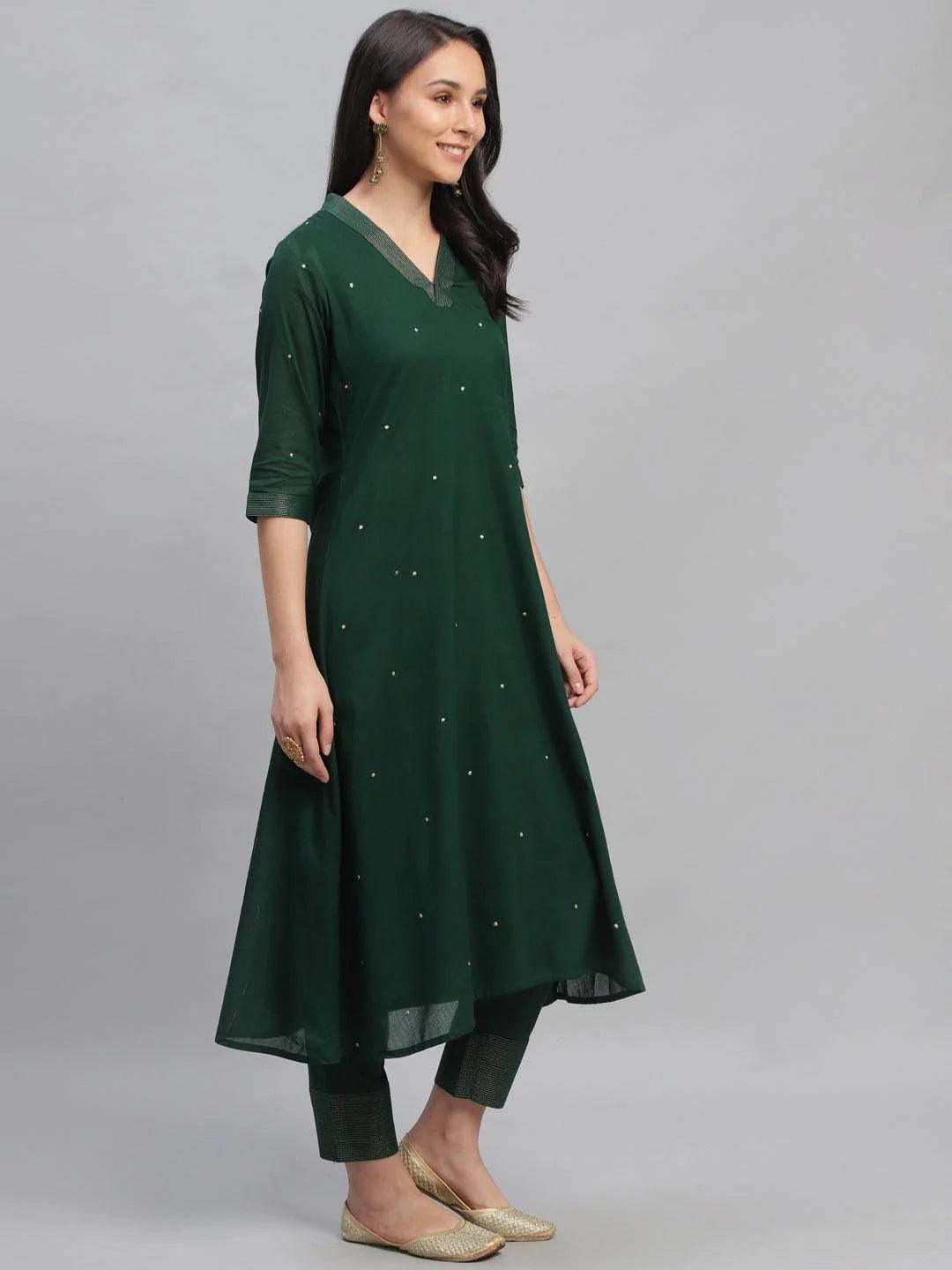 Green Embroidered Cotton Suit Set