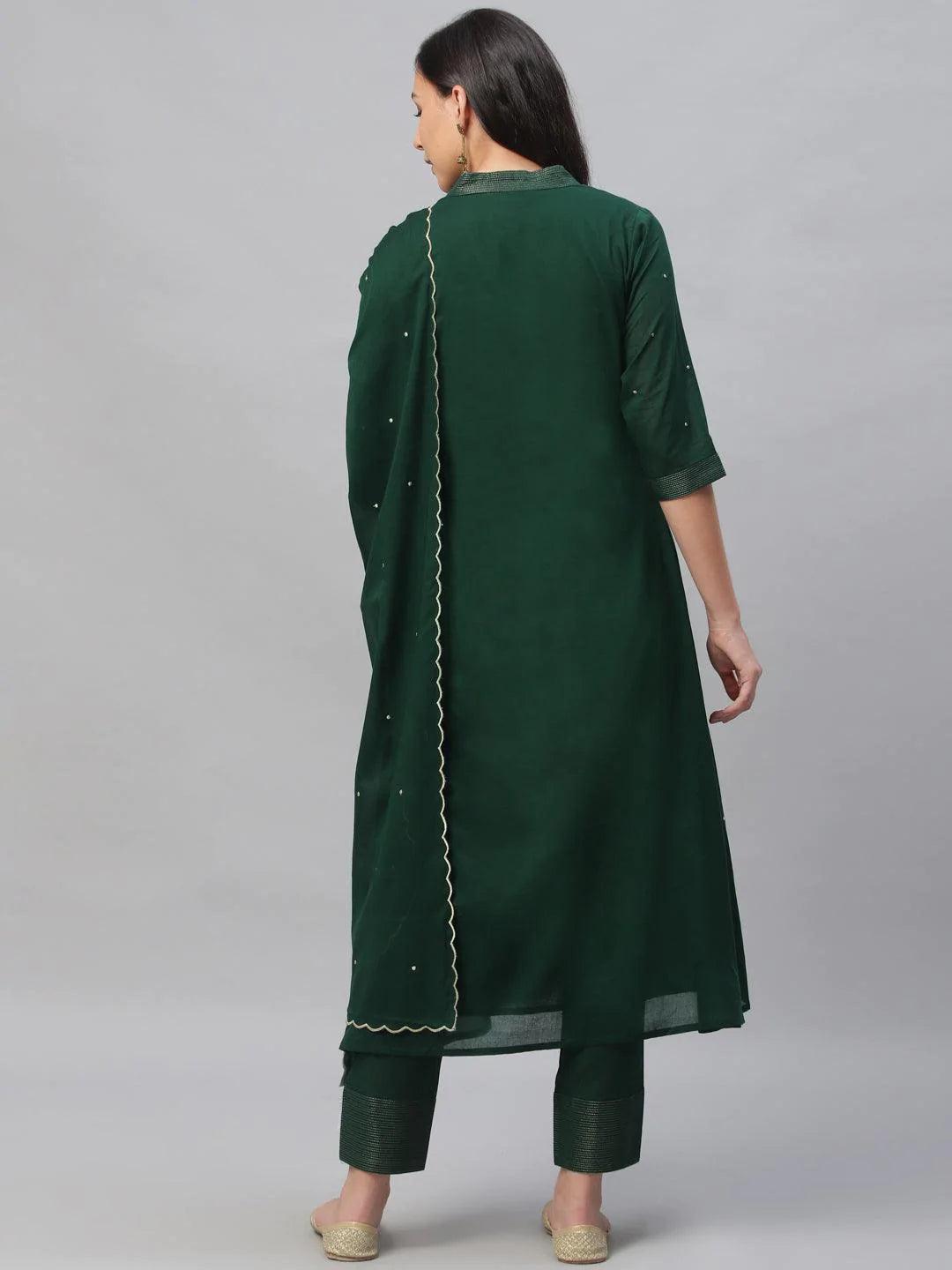 Green Embroidered Cotton Suit Set