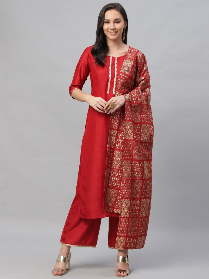 Red Solid Polyester Suit Set - ShopLibas