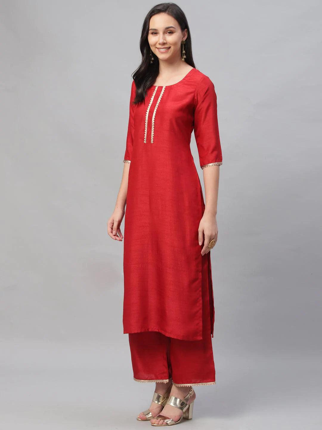 Red Solid Polyester Suit Set