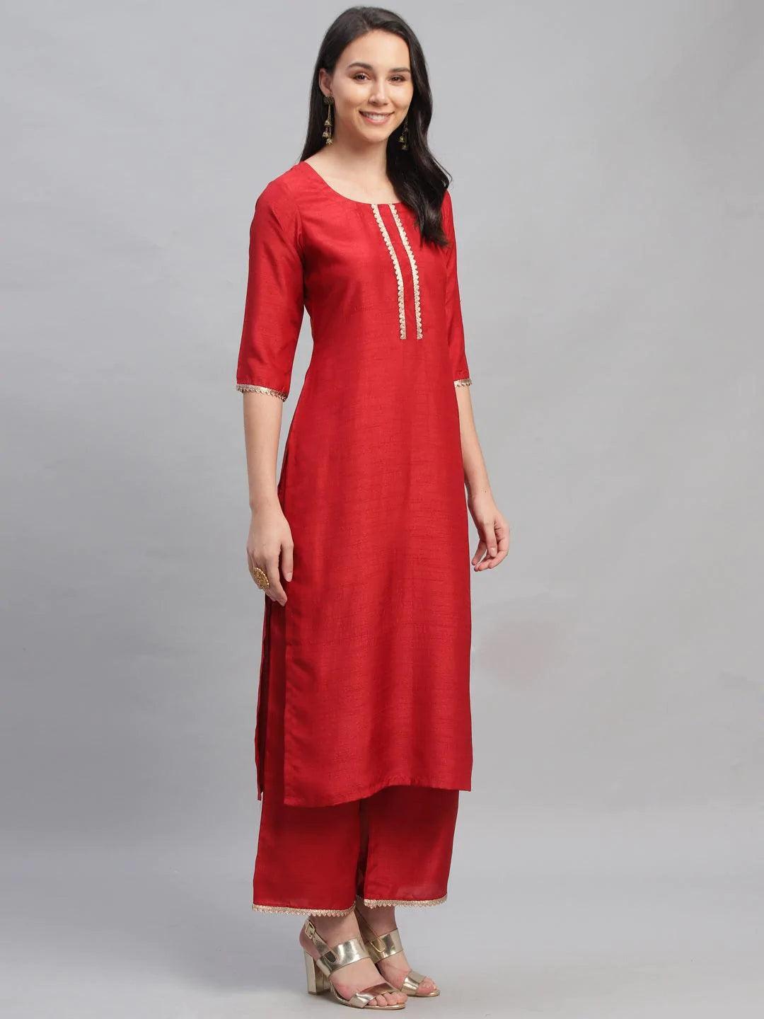 Red Solid Polyester Suit Set