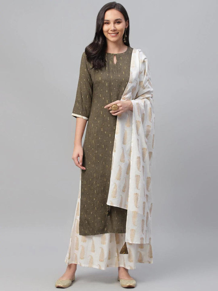 Olive Green Printed Rayon Suit Set - ShopLibas