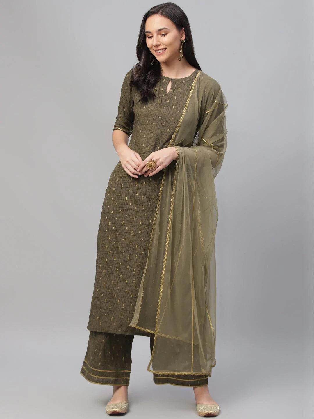 Olive Green Printed Rayon Suit Set