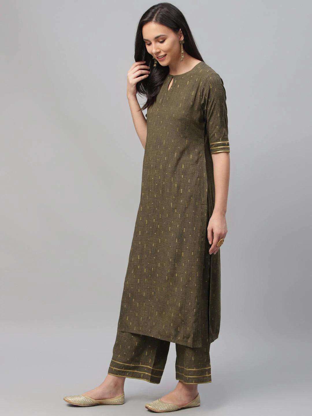 Olive Green Printed Rayon Suit Set