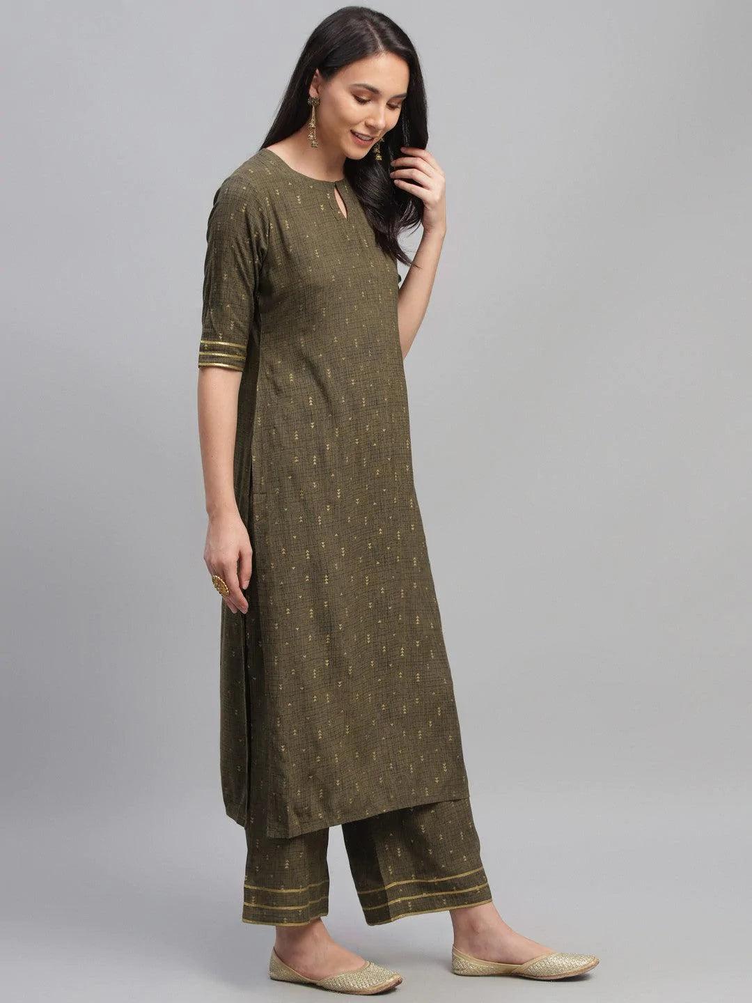 Olive Green Printed Rayon Suit Set