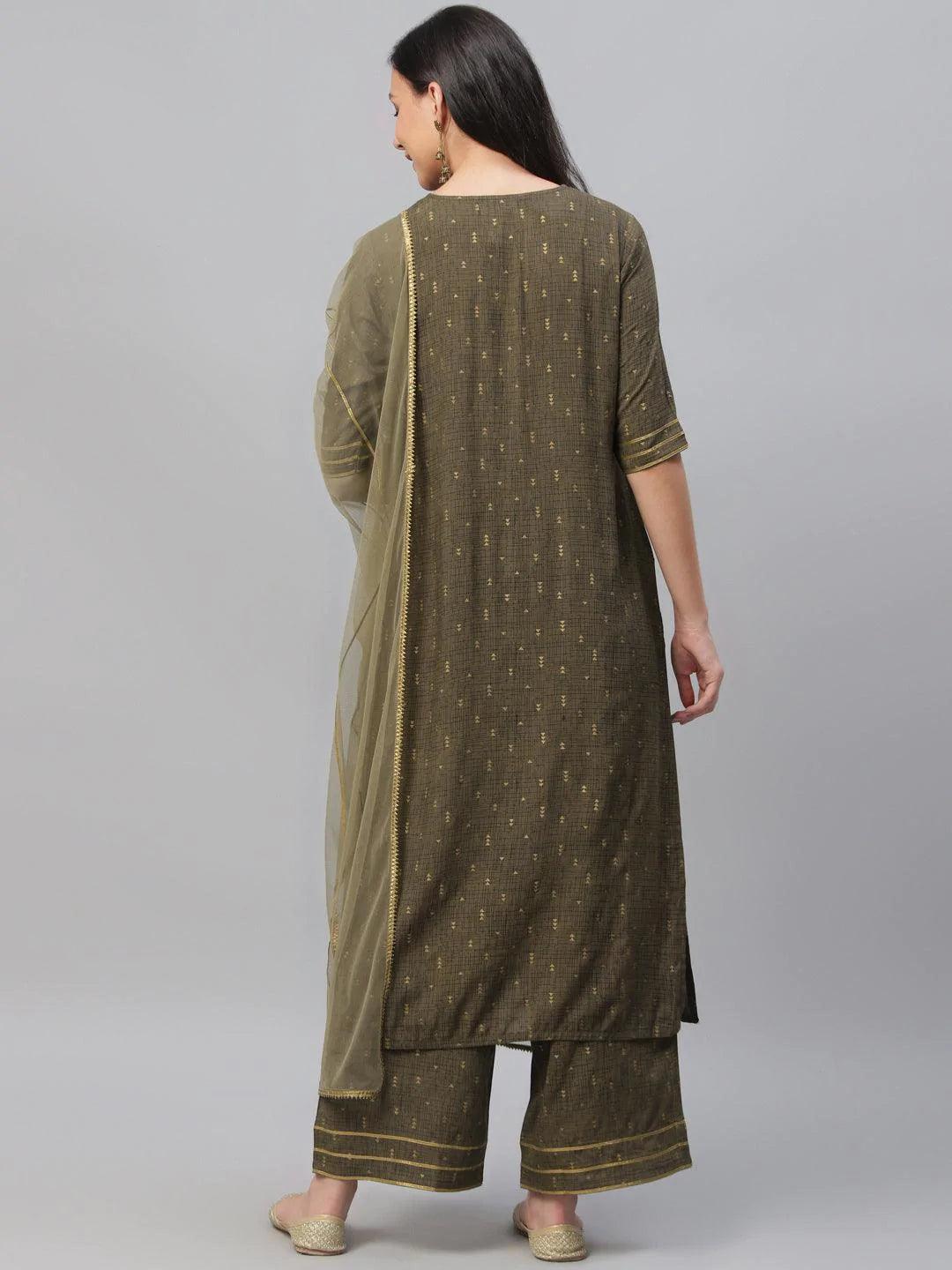 Olive Green Printed Rayon Suit Set