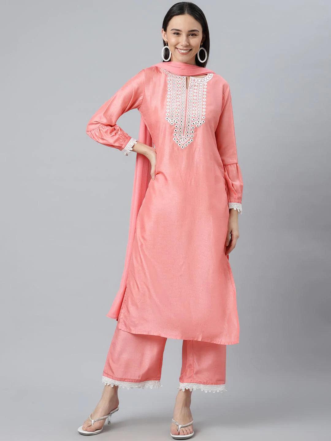 Peach Embroidered Silk Blend Suit Set