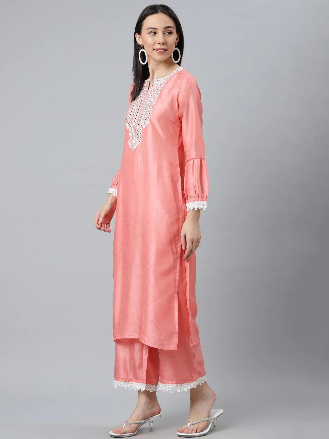 Peach Embroidered Silk Blend Suit Set