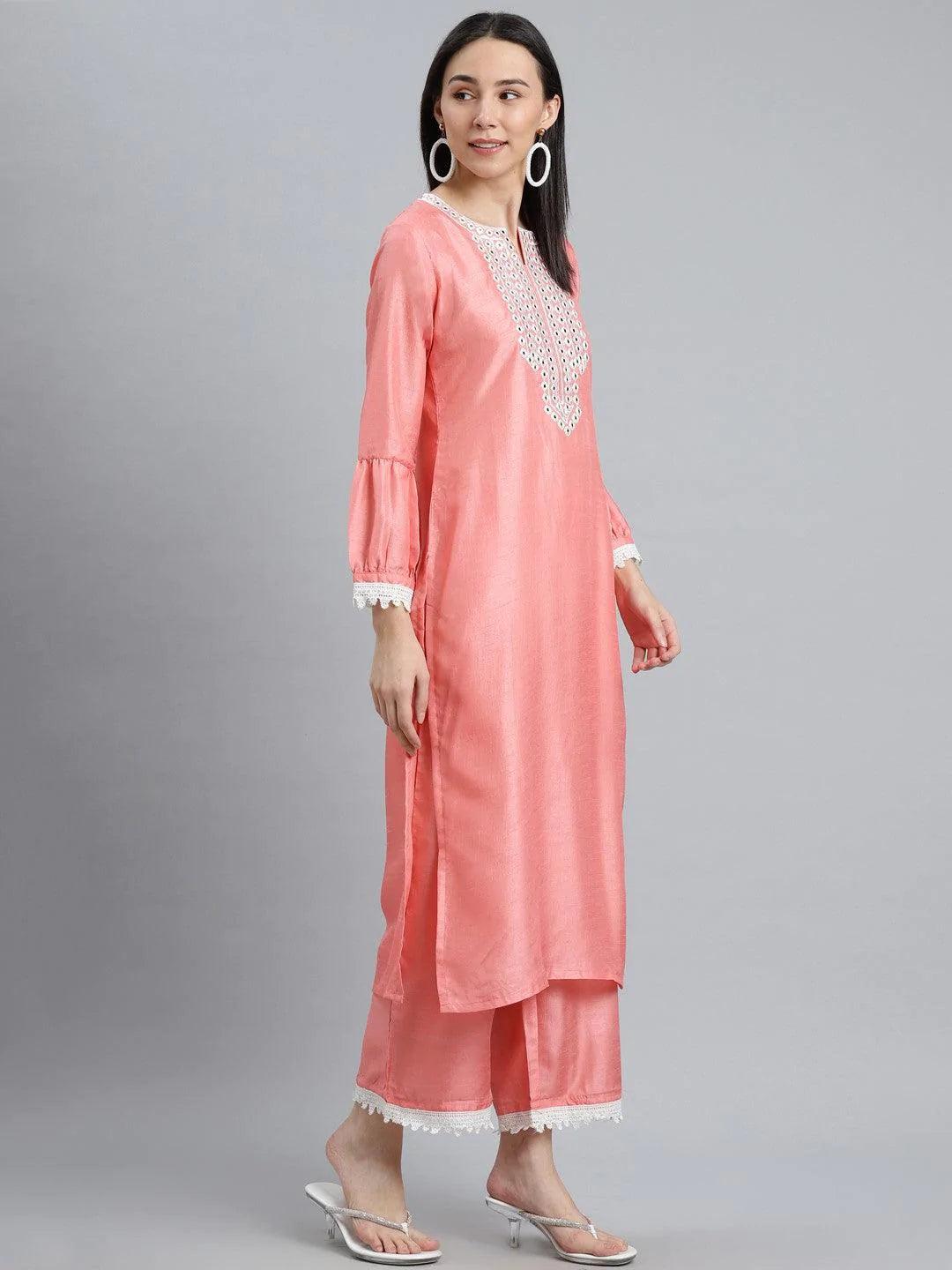 Peach Embroidered Silk Blend Suit Set