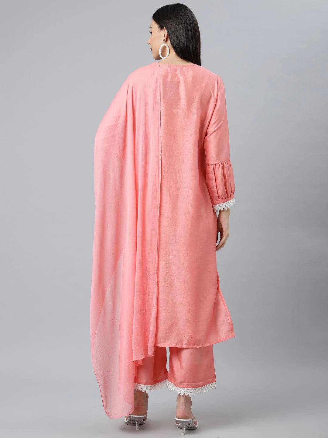 Peach Embroidered Silk Blend Suit Set