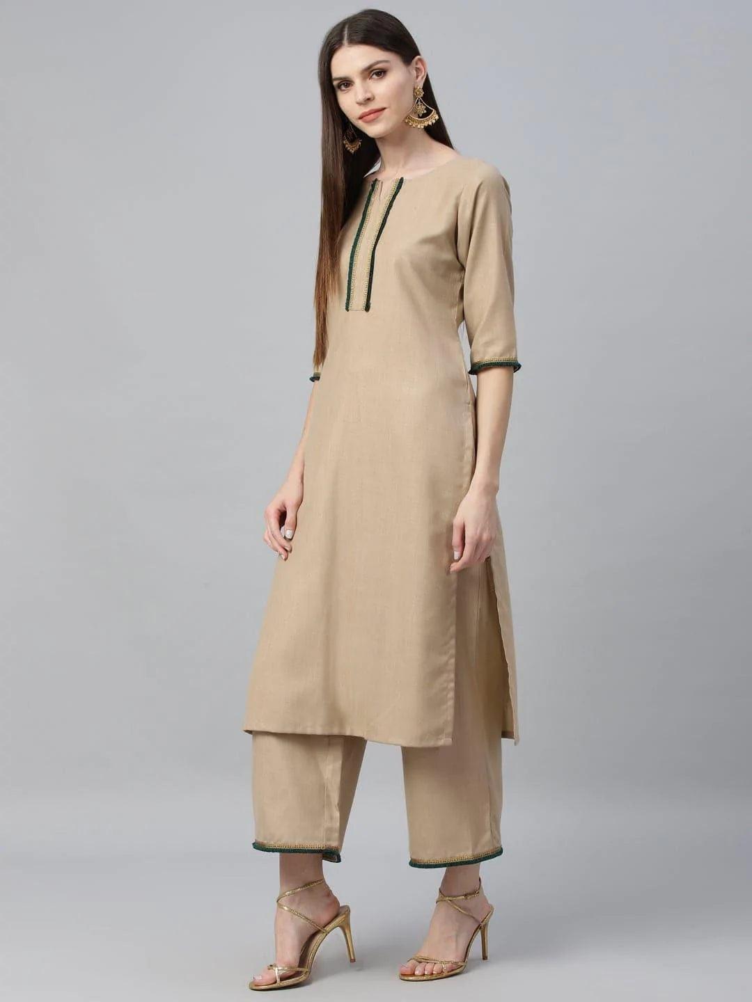 Beige Solid Cotton Suit Set