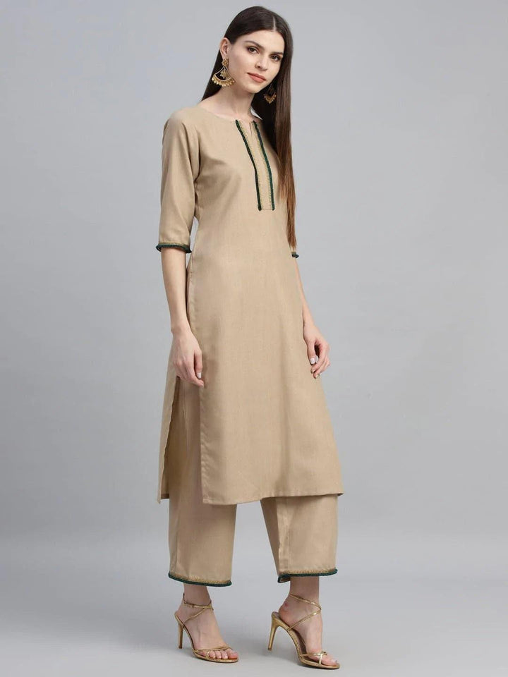 Beige Solid Cotton Suit Set - ShopLibas