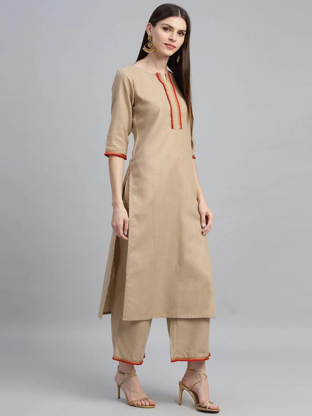 Beige Solid Cotton Suit Set - ShopLibas