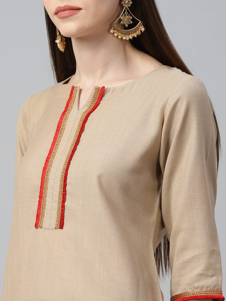 Beige Solid Cotton Suit Set - ShopLibas