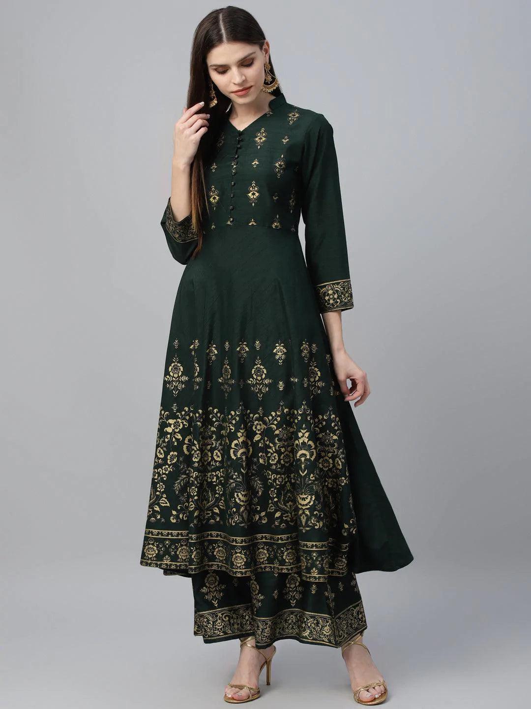 Green Printed Polyester Kurta Set