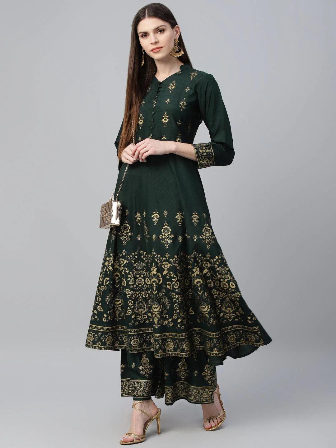 Green Printed Polyester Kurta Set