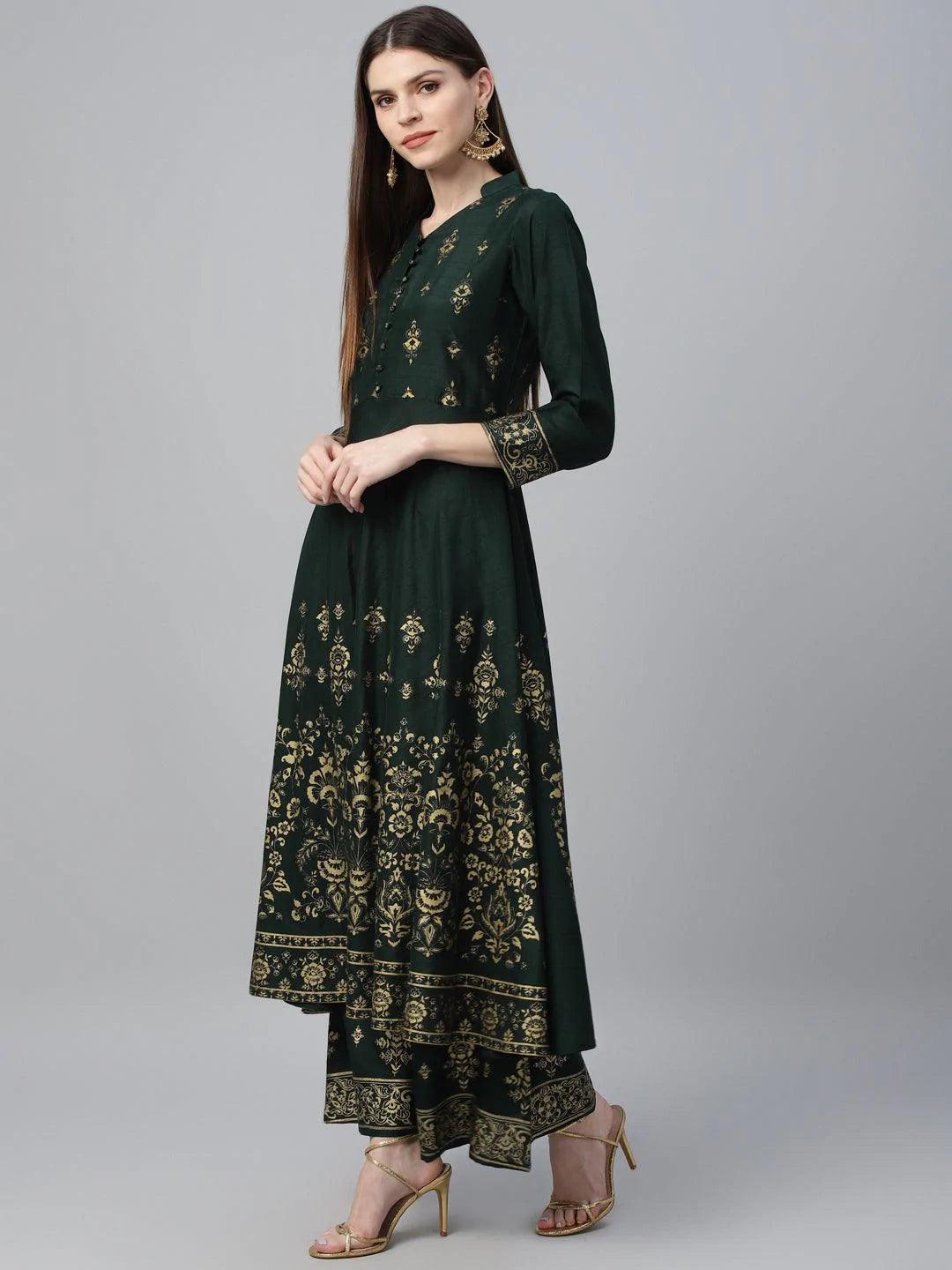 Green Printed Polyester Kurta Set