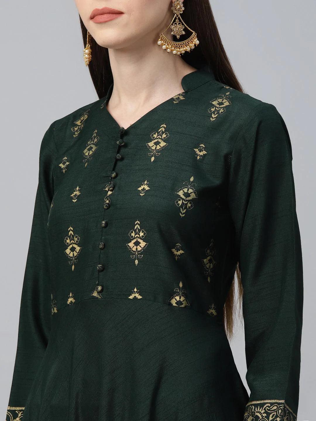 Green Printed Polyester Kurta Set