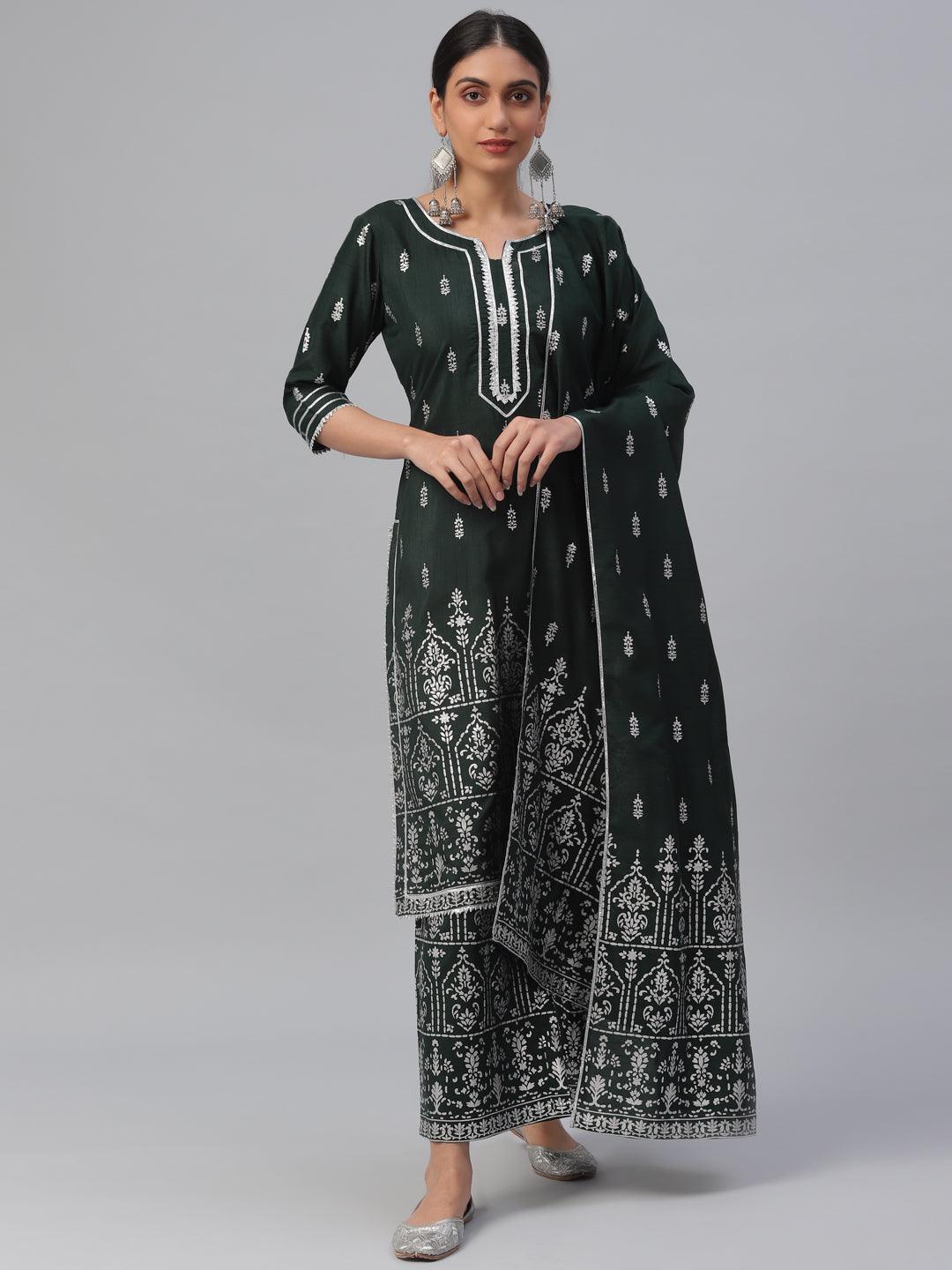 Green Printed Polyester Suit Set