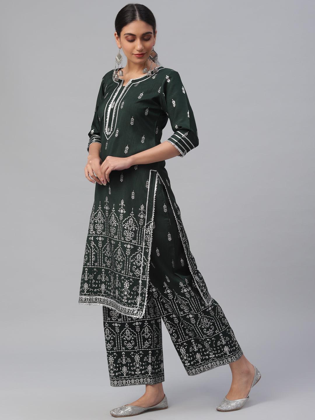 Green Printed Polyester Suit Set