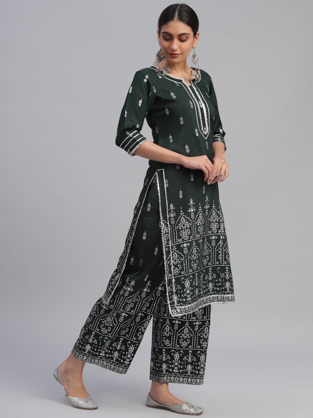 Green Printed Polyester Suit Set