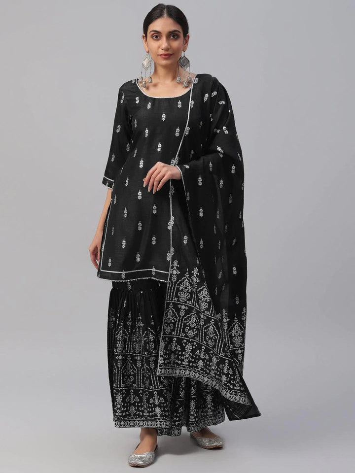 Black Printed Polyester Suit Set - ShopLibas