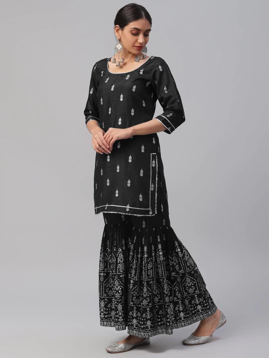 Black Printed Polyester Suit Set - ShopLibas