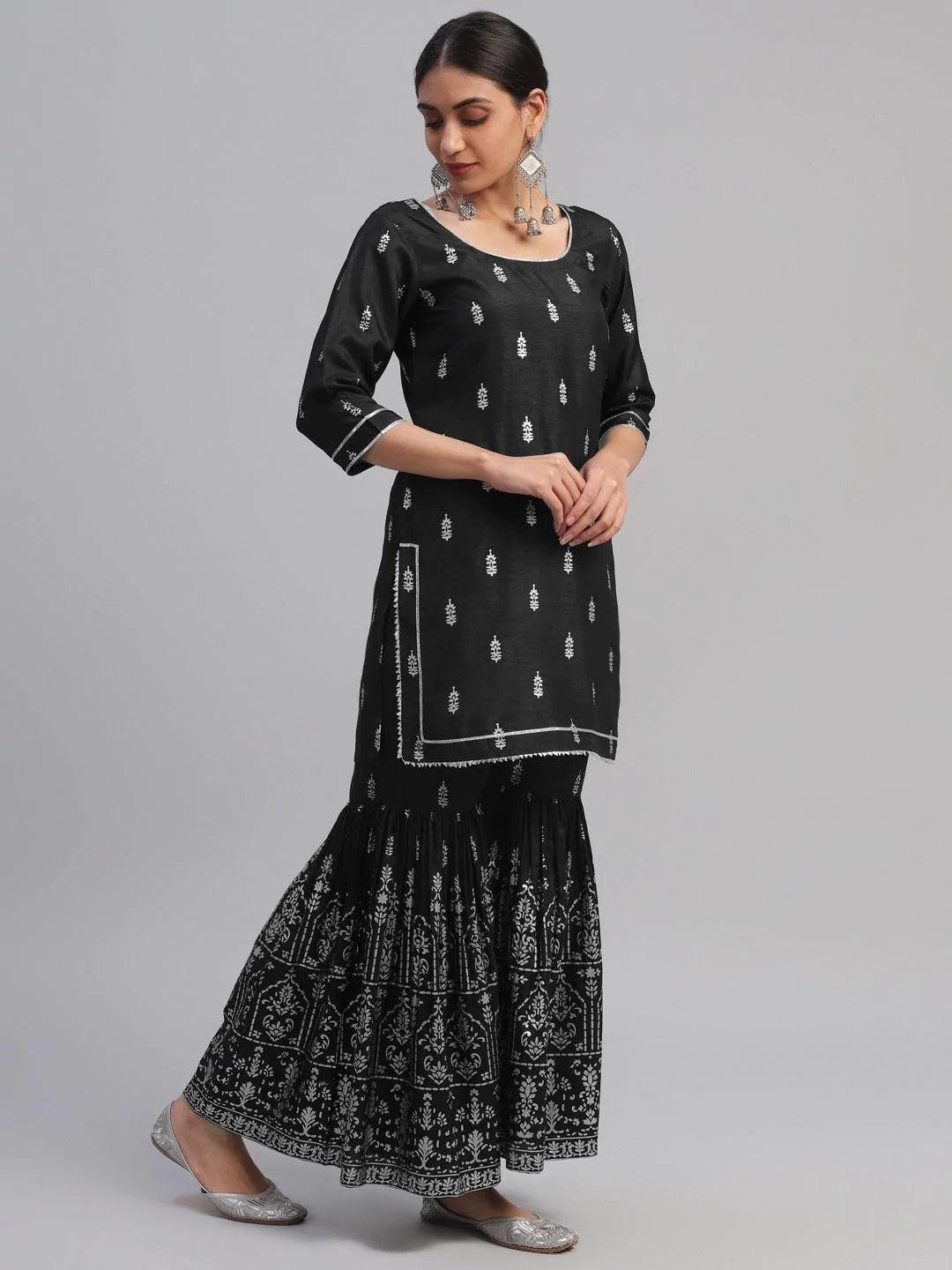 Black Printed Polyester Suit Set - ShopLibas