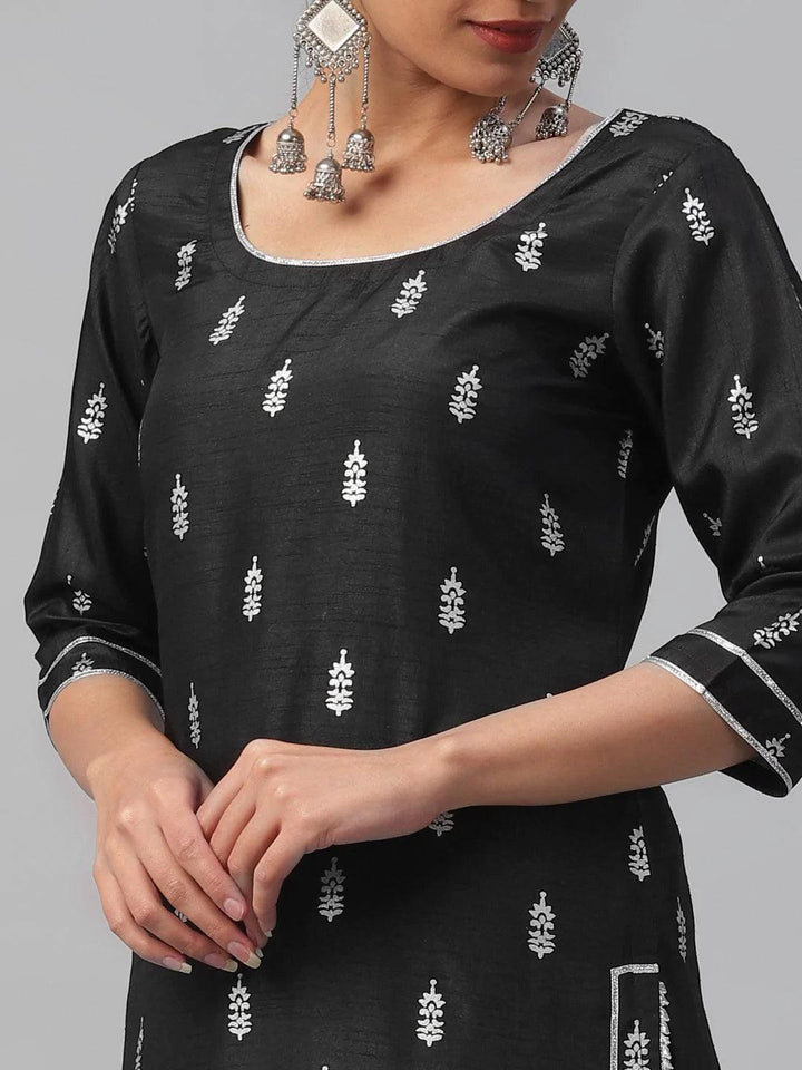 Black Printed Polyester Suit Set - ShopLibas