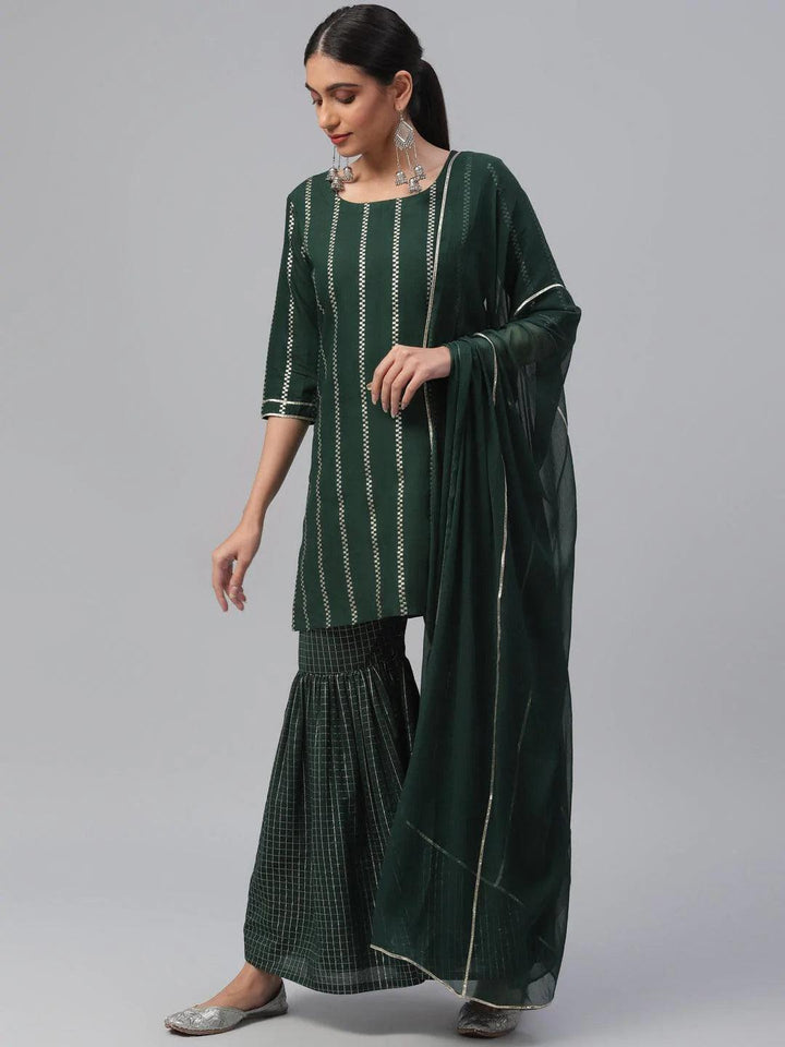 Green Striped Polyester Suit Set - ShopLibas