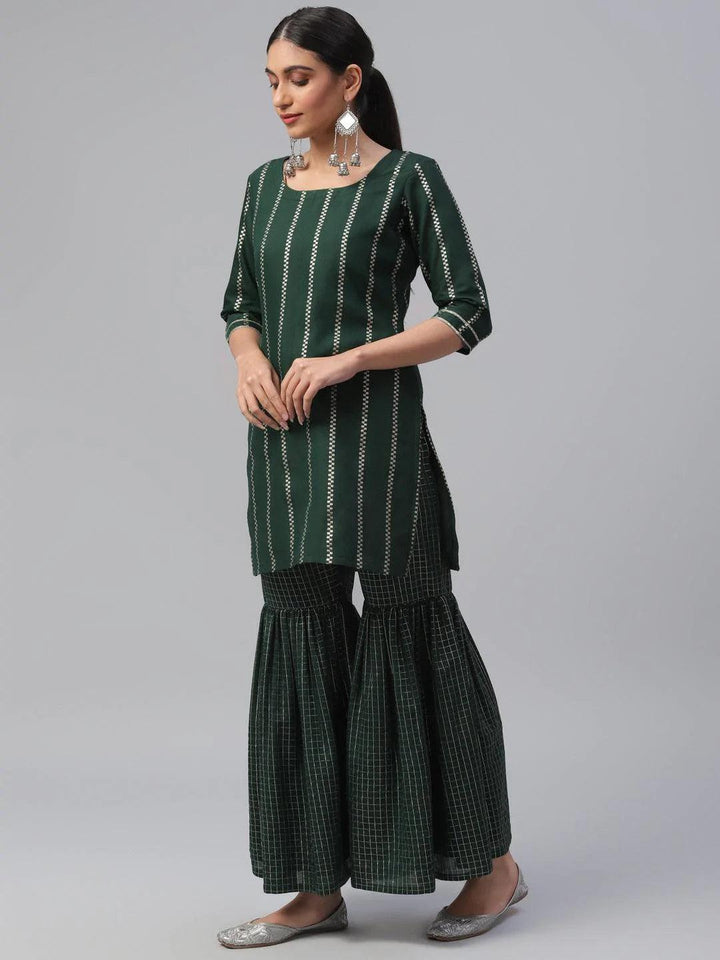 Green Striped Polyester Suit Set - ShopLibas