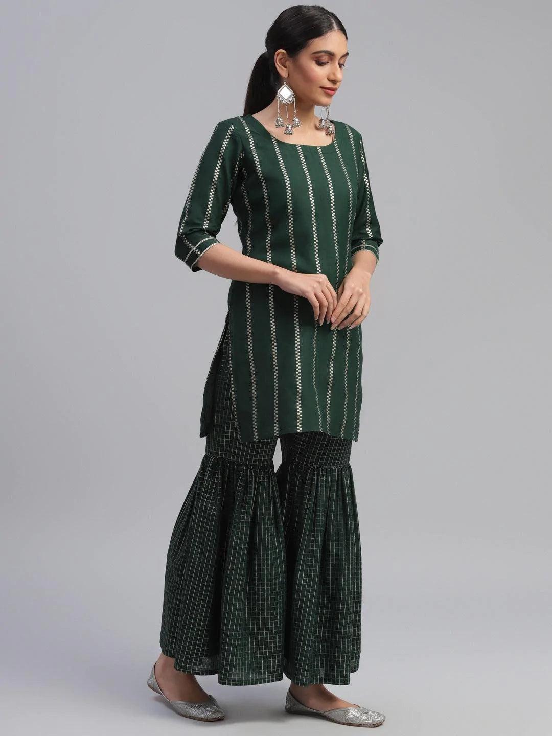 Green Striped Polyester Suit Set - ShopLibas