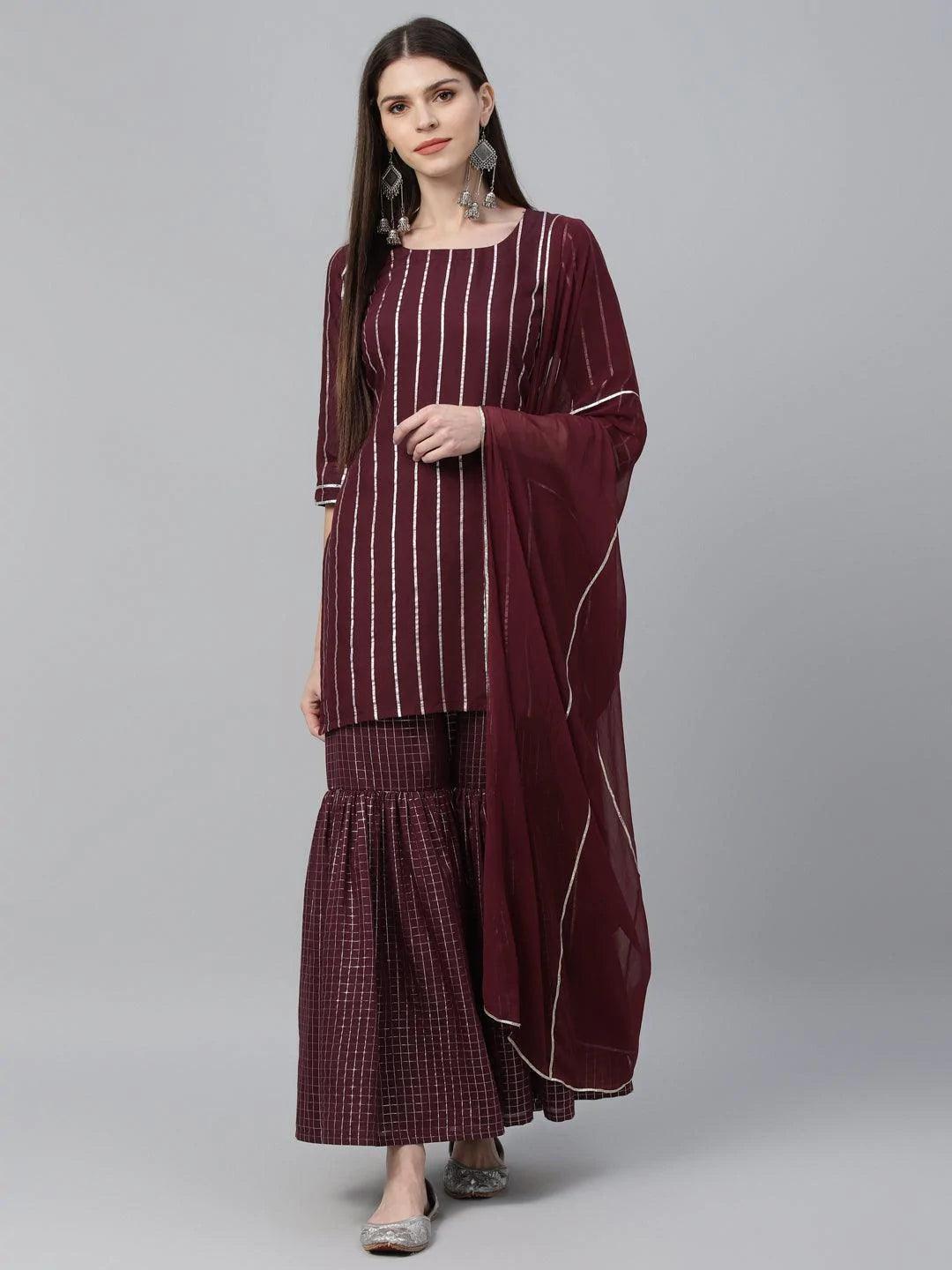 Maroon Striped Polyester Suit Set