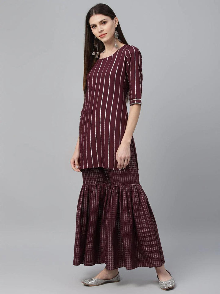 Maroon Striped Polyester Suit Set - ShopLibas