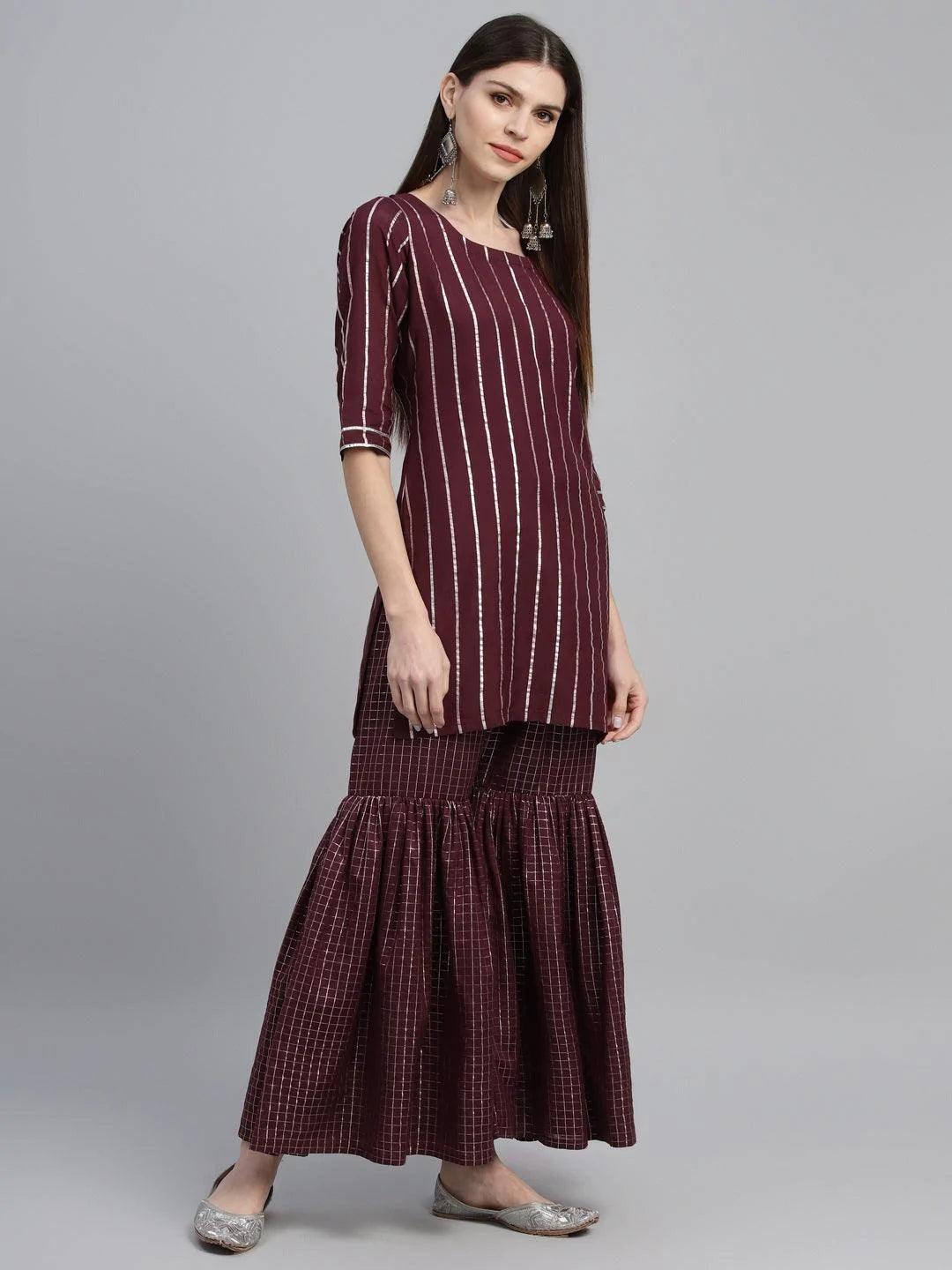 Maroon Striped Polyester Suit Set