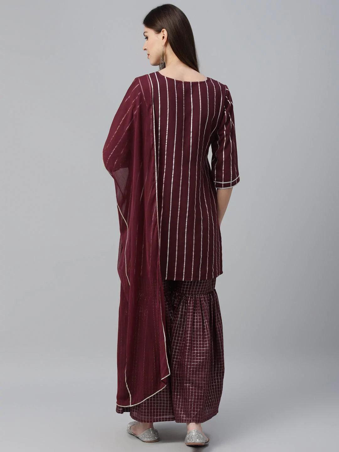 Maroon Striped Polyester Suit Set