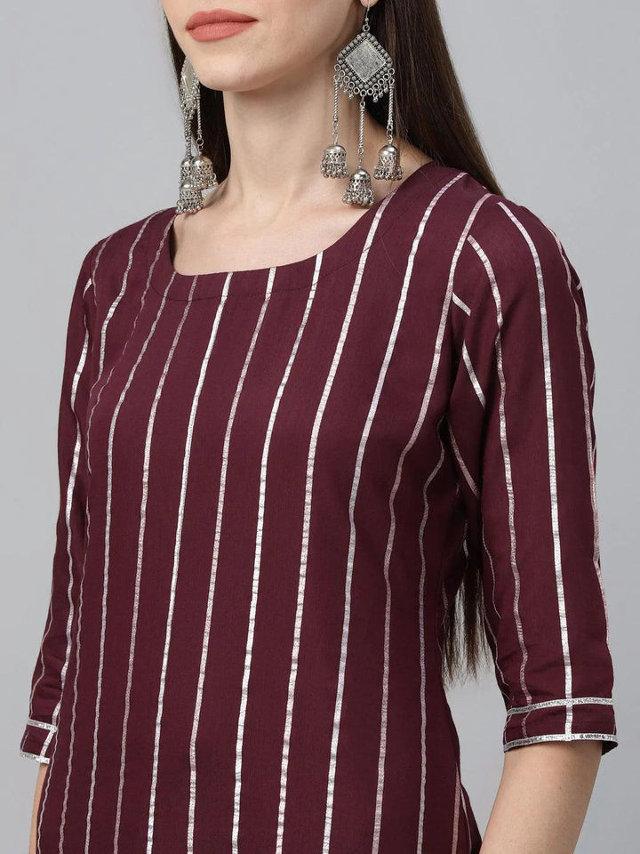 Maroon Striped Polyester Suit Set - ShopLibas