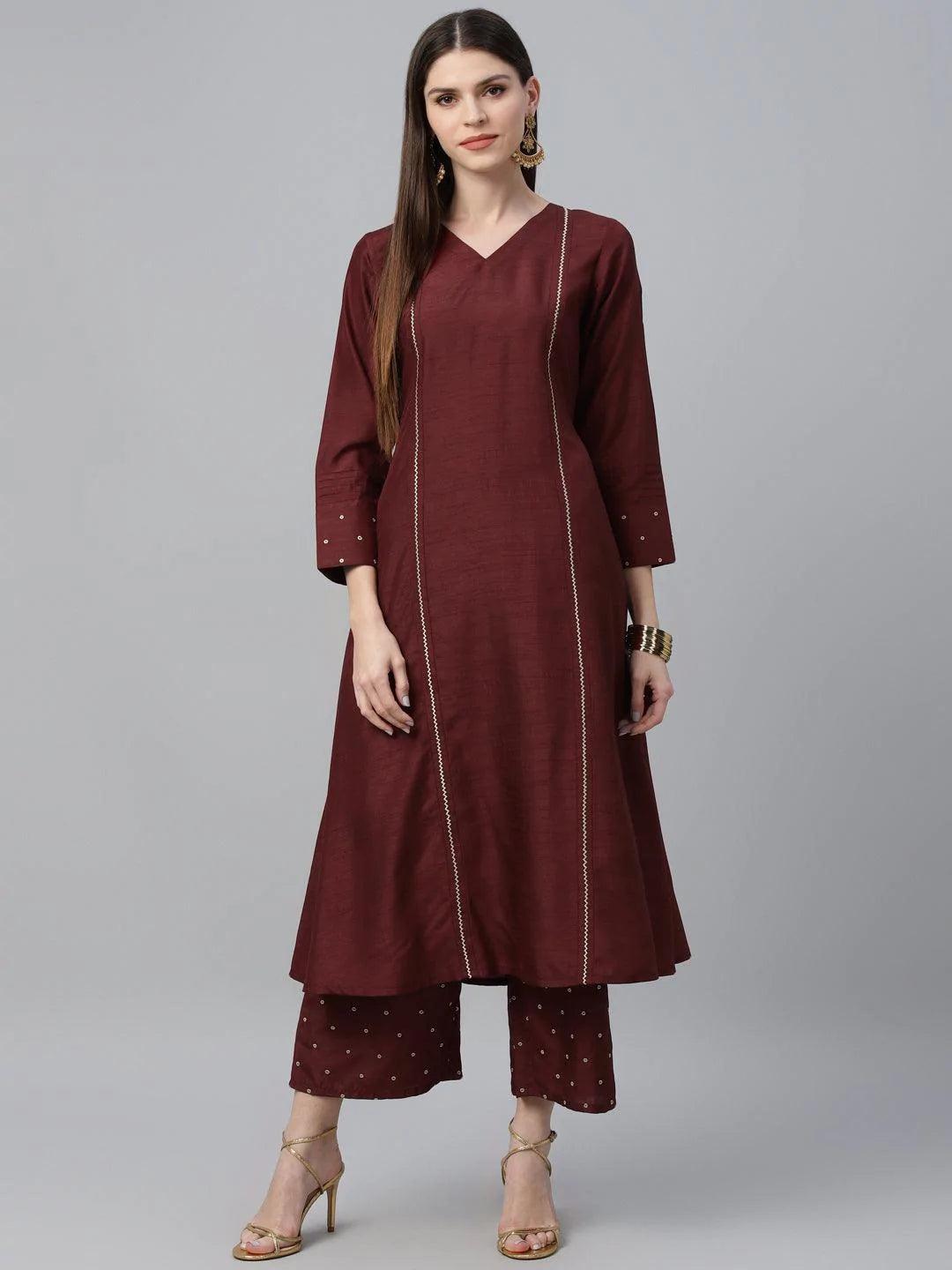 Maroon Striped Polyester Kurta Set