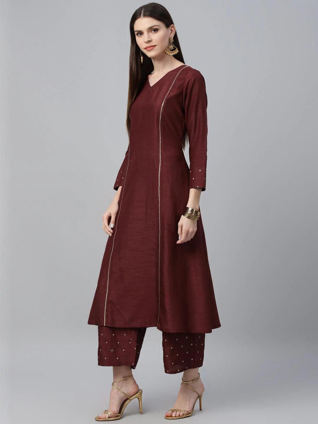 Maroon Striped Polyester Kurta Set