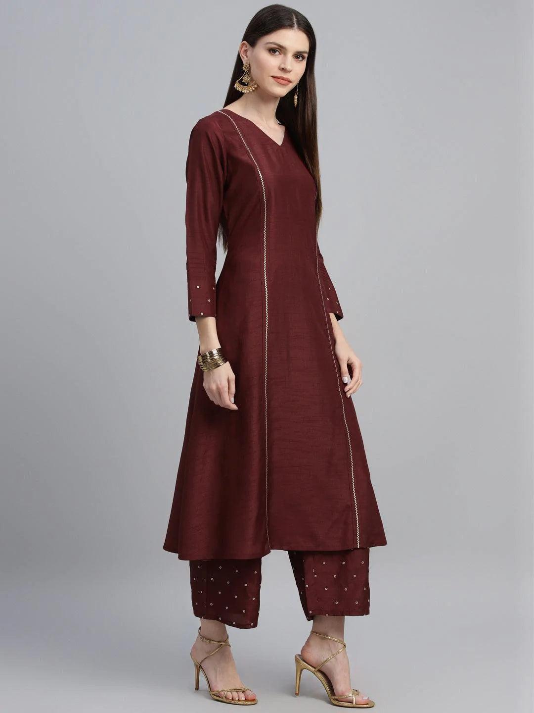 Maroon Striped Polyester Kurta Set