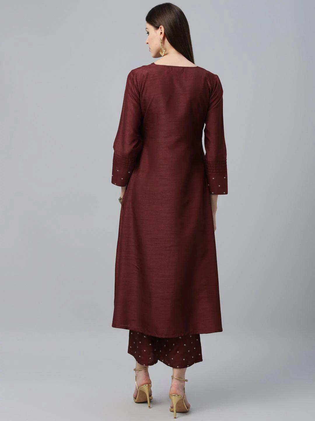 Maroon Striped Polyester Kurta Set