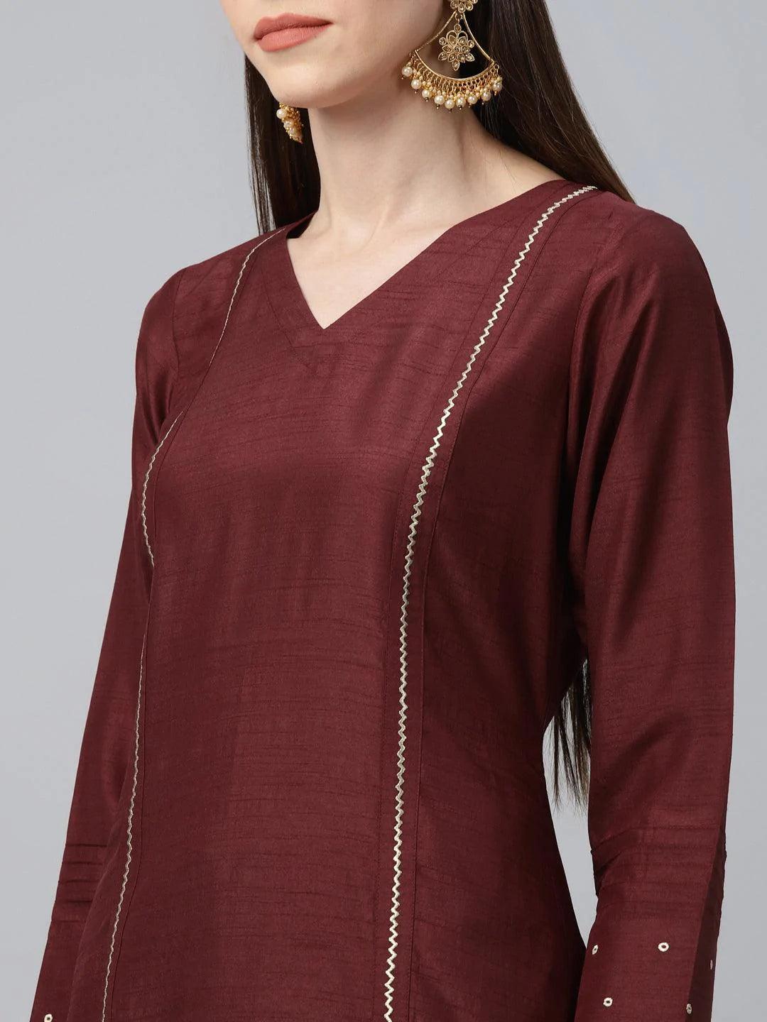 Maroon Striped Polyester Kurta Set