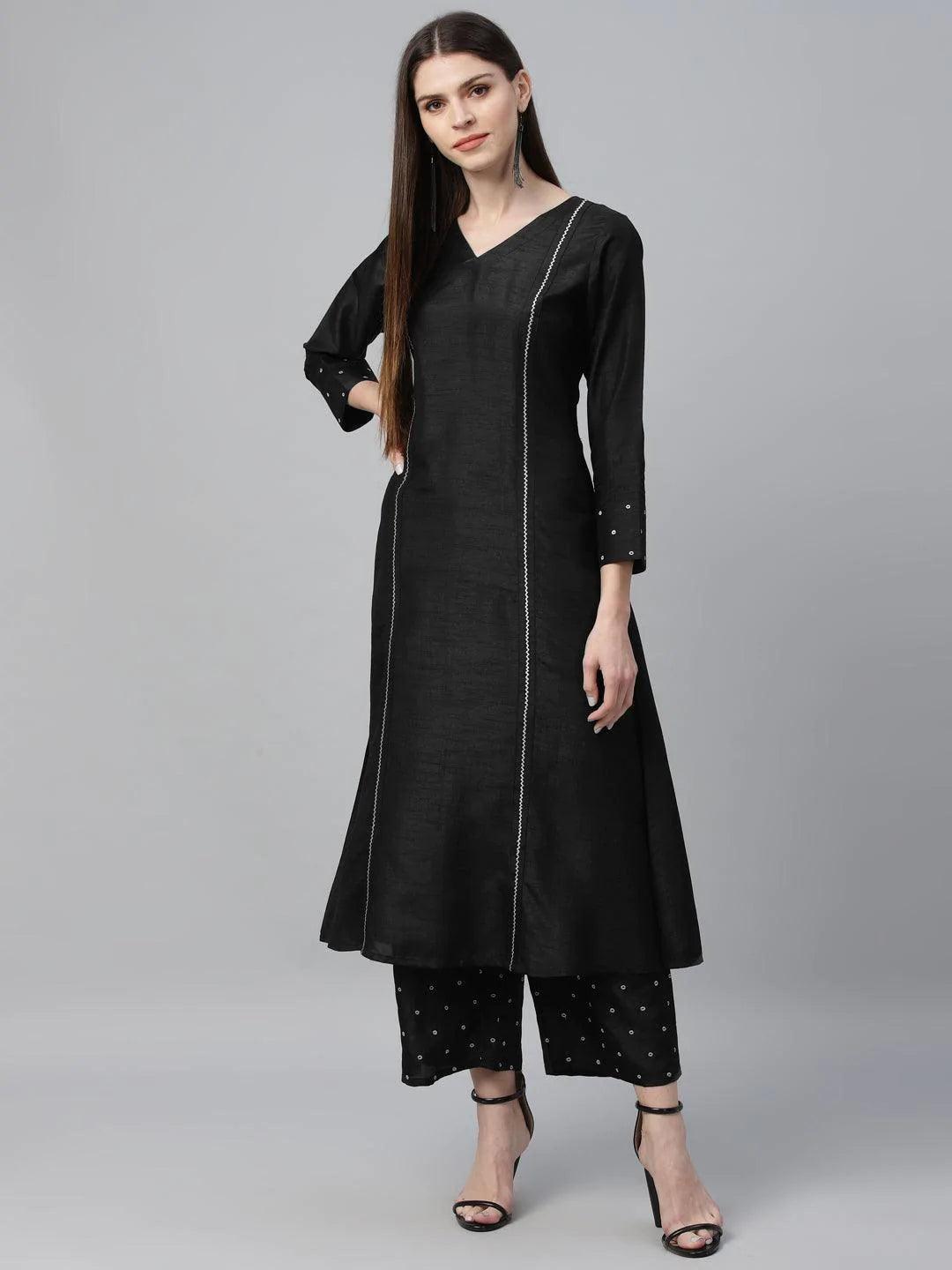 Black Striped Polyester Kurta Set