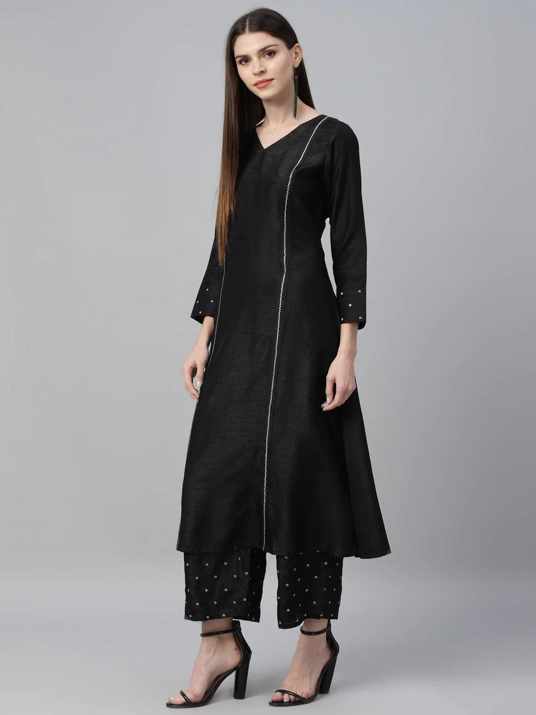 Black Striped Polyester Kurta Set