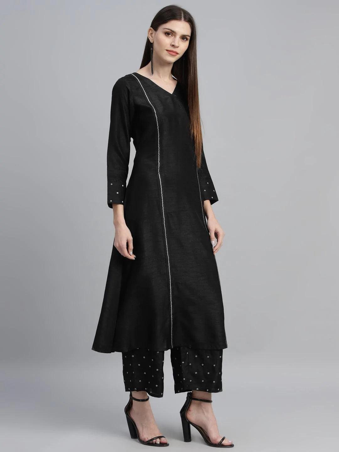 Black Striped Polyester Kurta Set