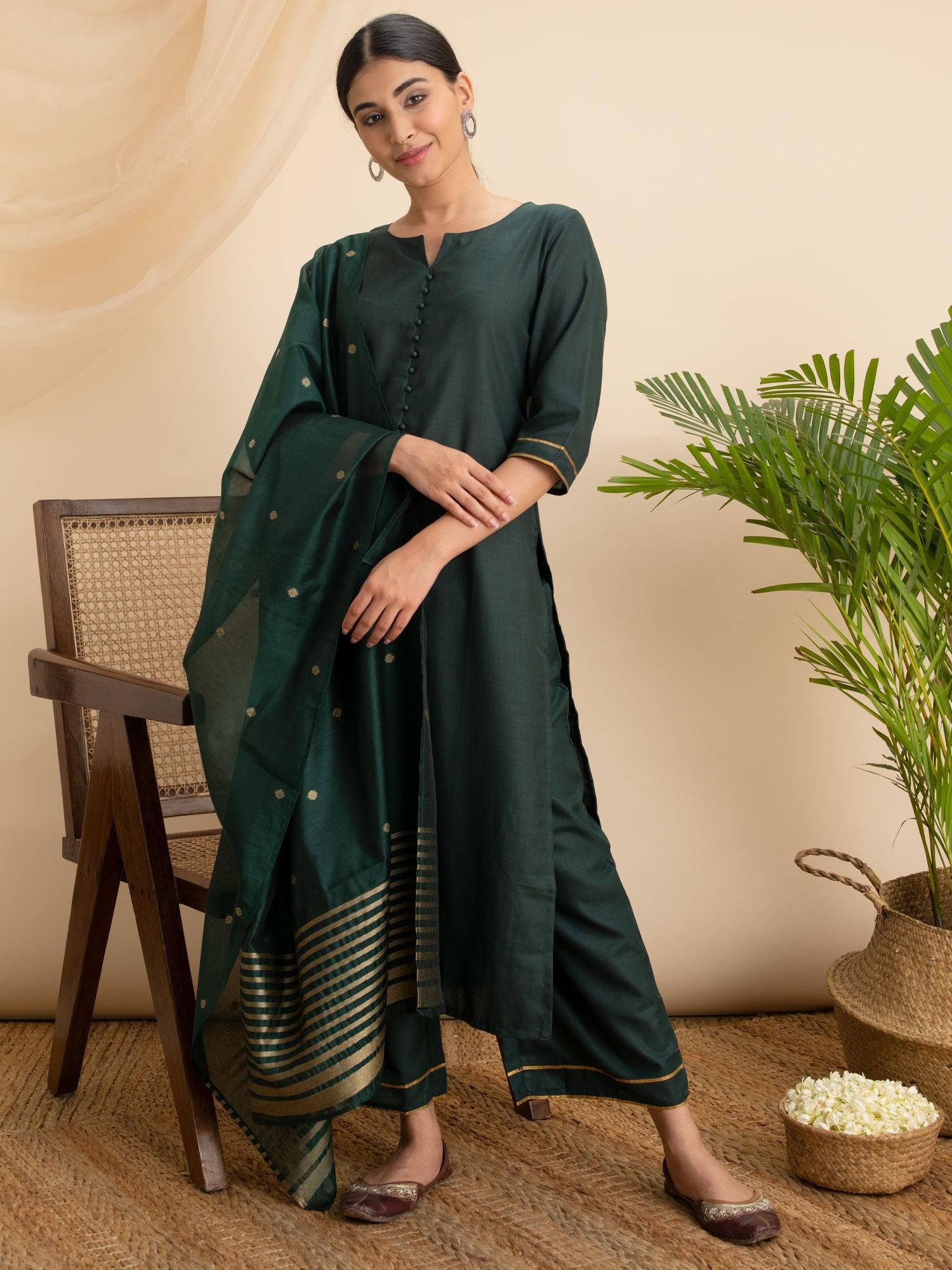 Green Solid Cotton Suit Set