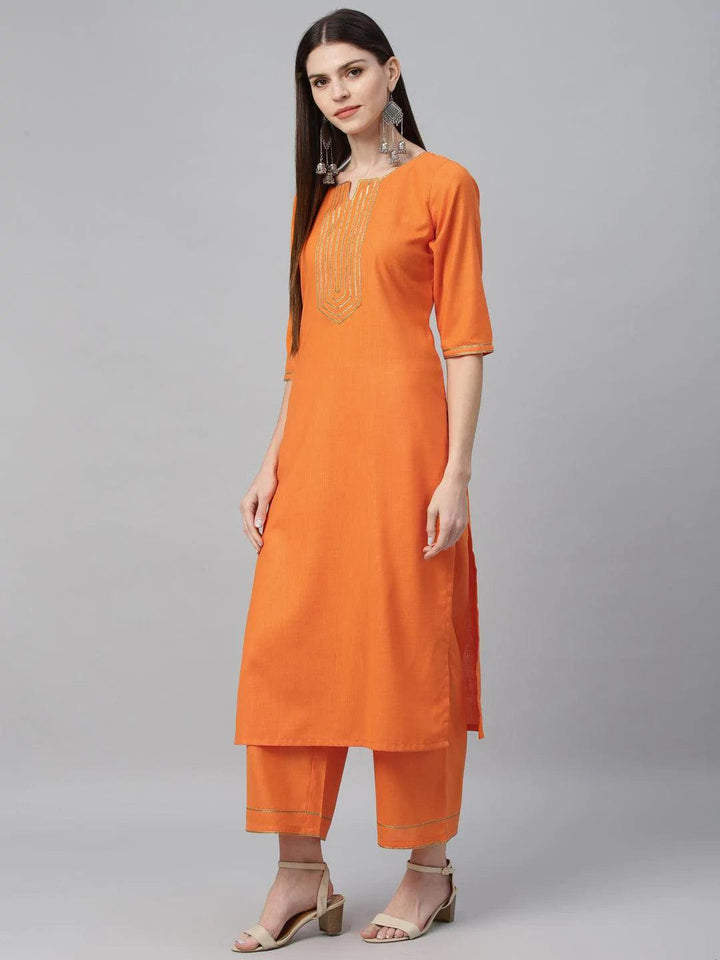 Orange Solid Cotton Suit Set - ShopLibas